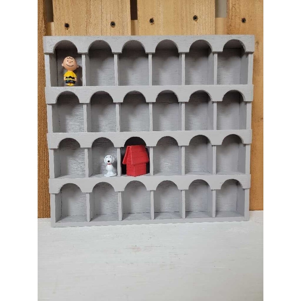Arched 24 Cubby Wall Shelf Display Gray Wood 3" Tall Cubbies Organizer